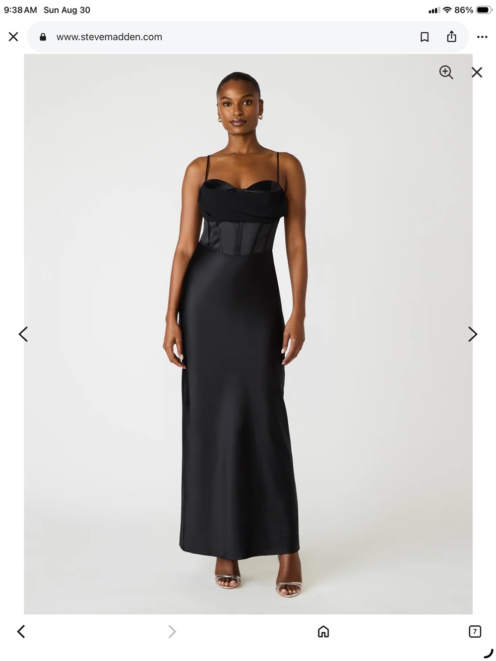 Steve Madden Black Satin Corset Maxi Dress with Spaghetti Straps